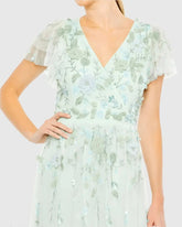 Green Ruffle Tiered Embellished Faux Wrap Flutter Sleeve Gown